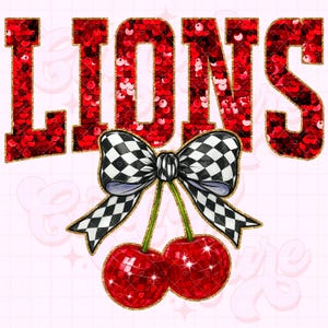 Lions Png, Cherry Sequin Png, Coquette Lions Sublimation Design, Lions Shirt Png, Preppy Lions Mascot Png, Red Lions Png #322