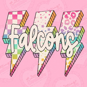 May include: A digital design featuring three lightning bolts with the word "Falcons" in a script font. The lightning bolts have different patterns: checkered, stars, and leopard print, with a pink background.