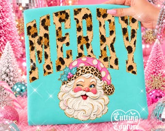 Merry Png, Retro Santa Png, Leopard, Polka Dots, Holiday Shirt Design, Hand Painted, Pink Christmas Png, Printable Design, Digital Download