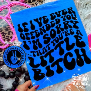 May include: Bright blue t-shirt with the text "If I've ever offended you I'm sorry that you're a little bitch" in black. A round patch with a skeleton hand giving the peace sign is also visible.