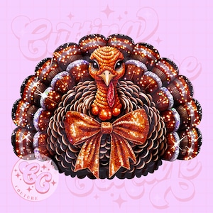 Może przedstawiać: Błyszczący brązowo-pomarańczowy indyk z dużą pomarańczową kokardą. Indyk jest ozdobiony kryształkami i cekinami.