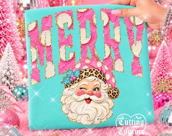 Merry Png, Retro Santa Png, Leopard, Polka Dots, Holiday Shirt Design, Hand Painted, Pink Christmas Png, Printable Design, Digital Download