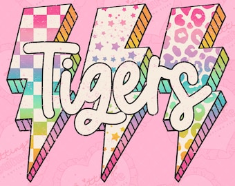 Rainbow Lightning Bolt Tigers png, sublimatieontwerp, Game Day png, tijgersmascotte png, afdrukbaar ontwerp, digitale download, DTF, DTG