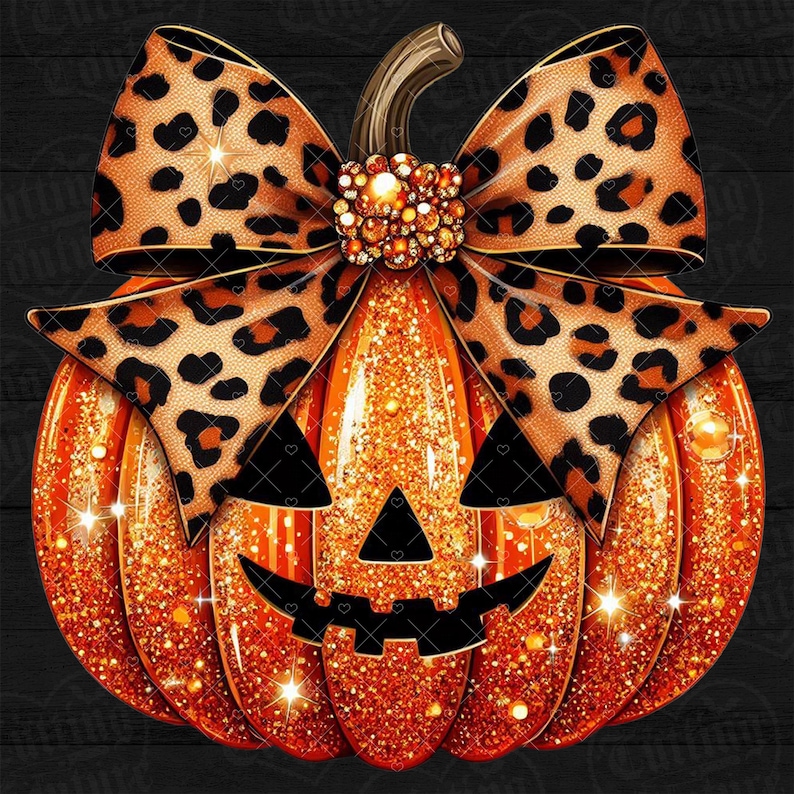 May include: A glittery orange jack-o'-lantern pumpkin featuring a large leopard print bow tied at the stem. The pumpkin has a carved black triangular nose and a jagged black mouth, with a cluster of gold-toned beads at the center of the bow.