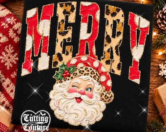 Merry Png, Retro Santa Png, Leopard, Polka Dots, Holiday Shirt Design, Hand Painted, Christmas DTF, DTG, Printable Design, Digital Download