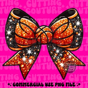 May include: A black and orange glitter bow with a sparkly design. The bow has a large center loop and two smaller side loops. The bow is on a pink background.