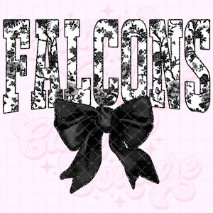 May include: Black and white floral print with the word "FALCONS" in bold black letters. A black satin bow is centered below the text.