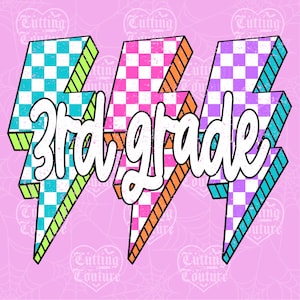 Lightning Bolt Third Grade Png, Back To School Png, Neon 3rd Grade Png, Girl&#39;s Third Grade Shirt Png, Retro Png, Checkered Png #13