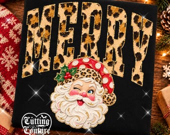 Merry Png, Retro Santa Png, Leopard, Polka Dots, Holiday Shirt Design, Hand Painted, Christmas DTF, DTG, Printable Design, Digital Download