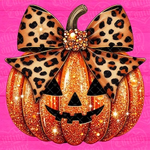 May include: A glittery orange jack-o'-lantern pumpkin featuring a large leopard print bow tied around its stem. The pumpkin has a black triangular nose and a jagged black mouth, with a cluster of gold-toned beads at the center of the bow.