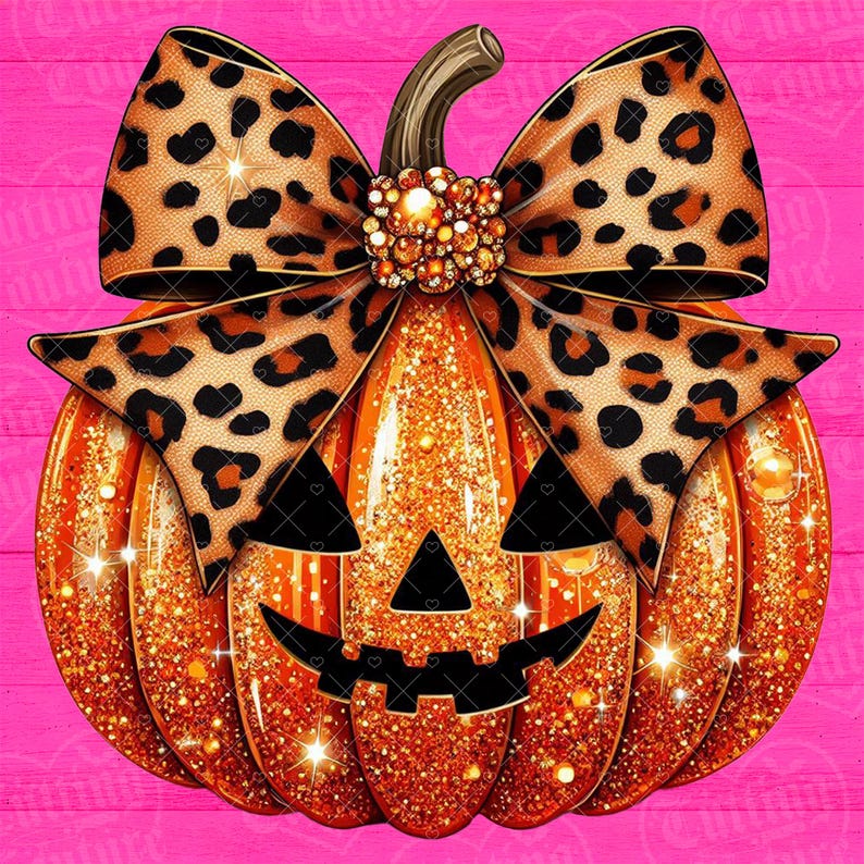 May include: A glittery orange jack-o'-lantern pumpkin featuring a large leopard print bow tied around its stem. The pumpkin has a black triangular nose and a jagged black mouth, with a cluster of gold-toned beads at the center of the bow.