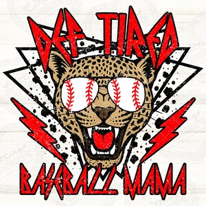 May include: A graphic design featuring a leopard with baseball-themed sunglasses and the words "AF TIRED" and "BASEBALL MAMA" in red, jagged lettering. The leopard has a fierce expression, and the design includes red lightning bolts.
