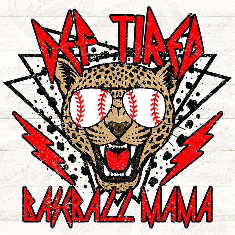 May include: A graphic design featuring a leopard with baseball-themed sunglasses and the words "AF TIRED" and "BASEBALL MAMA" in red, jagged lettering. The leopard has a fierce expression, and the design includes red lightning bolts.
