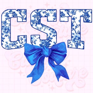 May include: Blue and white floral letters spelling "CST" with a blue bow in the centre.
