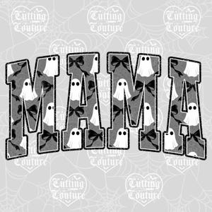 May include: The word "MAMA" in a grey, outlined font, filled with a pattern of white ghosts and black bows. The background is light grey with a spiderweb design and the words "Cutting Couture" repeated.