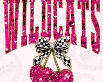 Sequin Cherry Wildcats Png, Pink Wildcats Mascot Png, Checker Png, Wildcats Dtg, Wildcats Dtf, Printable Design, Digital Download