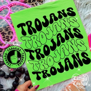 Trojaanse paarden png, retro golvende trojaanse paarden png, sublimatie trojans, wedstrijddag png, shirt trojans png, trojans-mascotte png, ontwerp voorzak #398
