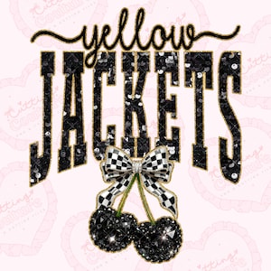 Pode incluir: Um design digital com as palavras "yellow JACKETS" em letras pretas com lantejoulas e borda dourada. Abaixo, duas cerejas pretas com lantejoulas e um laço quadriculado. O fundo é rosa claro.