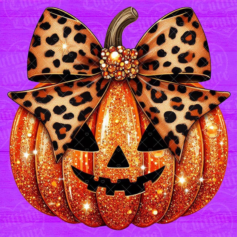 May include: A glittery orange jack-o'-lantern pumpkin featuring a large leopard print bow tied at the stem. The bow is accented with a cluster of golden beads at the center. The pumpkin has a carved black triangular nose and a jagged black mouth.