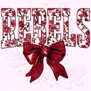 May include: Red floral print "REBEL" text with a large red bow in the center.