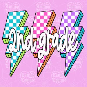 Lightning Bolt Second Grade Png, Back To School Png, Neon 2nd Grade Png, Girl&#39;s Second Grade Shirt Png, Retro Png, Checkered Png #12