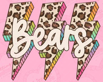 Rainbow Leopard Lightning Bolt Bears Png, Game Day Png, Sublimation Design, Bears Mascot Png, Printable Design, Digital Download, DTF, DTG