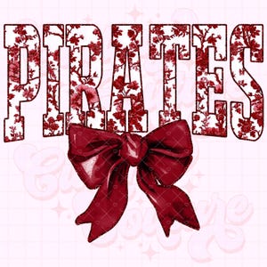 May include: Red and white floral print design with the word "PIRATES" in bold red letters. A large red bow is centered below the word.