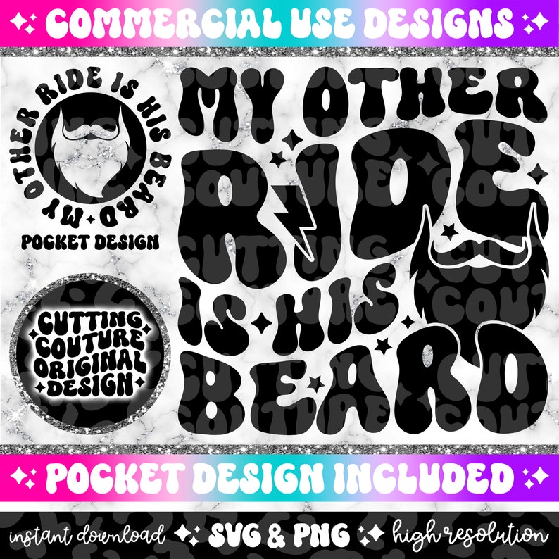 May include: Black and white graphic design with the text "My other ride is his beard". The design features a beard with a mustache and a lightning bolt. The text is in a retro, bubble-like font.