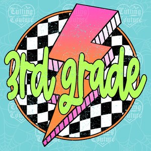 Lightning Bolt Third Grade Png, Back To School Png, Neon 3rd Grade Png, Girl&#39;s Third Grade Shirt Png, Retro Png, Checkered Png #36