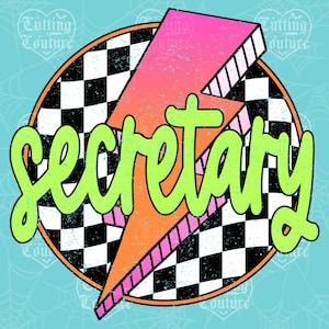 Lightning Bolt School Secretary Png, Back To School Png, Neon Secretary Shirt Png, Retro Png, Checkered Png, School Secretary DTF, DTG #48