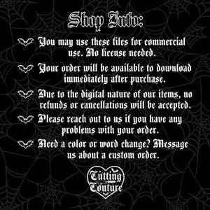 May include: A black digital graphic with a white spiderweb pattern background featuring the text Shop Info: followed by five bullet points marked with white bat icons, detailing commercial use, download, refund, and custom order policies.