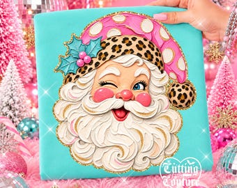Retro Santa Png, Leopard, Polka Dots, Holiday Shirt Design, Hand Painted, Pink Christmas DTF, DTG, Printable Design, Digital Download