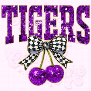 Tigres (Png), Lentejuelas de Cereza (Png), Sublimación de Tigres Coquette, Camiseta de Tigres (Png), Mascota de Tigres Preppy (Png), Tigres Morados (Png) #317