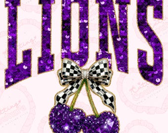 Sequin Cherry Lions Png, Purple Lions Mascot Png, Checker Png, Lions Dtg, Lions Dtf, Printable Design, Digital Download