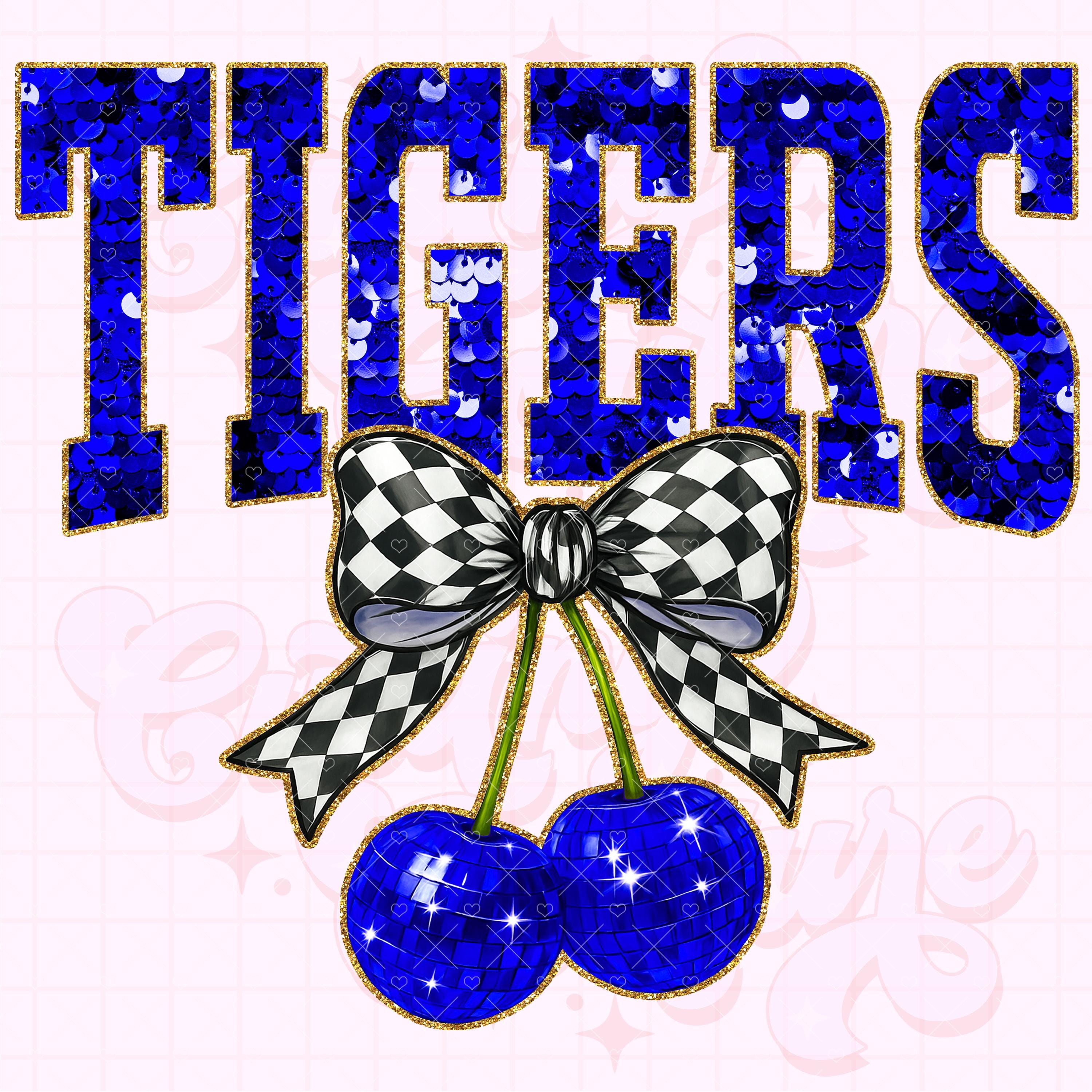 Tigers Png, Cherry Sequin Png, Coquette Tigers Sublimation, Tigers Shirt Png, Preppy Tigers Mascot Png, Blue Tigers Png #317