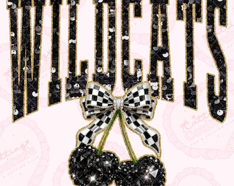 Sequin Cherry Wildcats Png, Black Wildcats Mascot Png, Checker Png, Wildcats Dtg, Wildcats Dtf, Printable Design, Digital Download