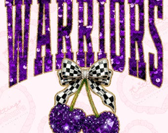 Sequin Cherry Warriors Png, Purple Warriors Mascot Png, Checker Png, Warriors Dtg, Warriors Dtf, Printable Design, Digital Download
