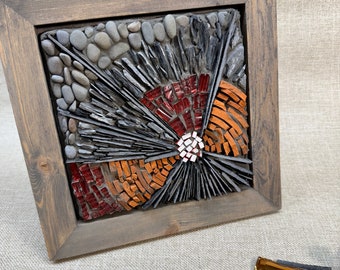 Handmade Mosaic Art in wood frame with Slate, Stone, Glass & Tile OOAK