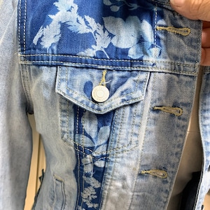 Cyanotype Botanical printed Denim Jean Jacket size XS OOAK