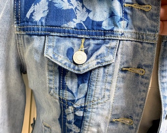 Cyanotype Botanical printed Denim Jean Jacket size XS OOAK