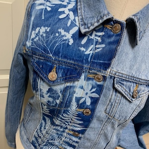 Cyanotype Botanical printed Denim Jean Jacket Lady&#39;s size Small OOAK