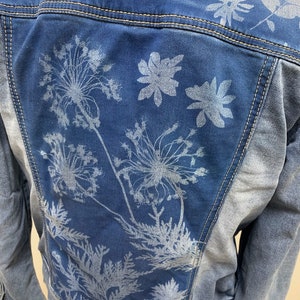 Cyanotype Botanical printed Denim Jean Jacket Lady&#39;s size Medium(?) OOAK