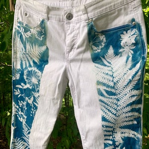 Cyanotype Botanical printed Alfred Sung White Jeans Women&#39;s size 12 OOAK