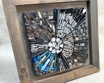 Handmade Mosaic Art in wood frame with Slate, Stone, Glass & Tile OOAK