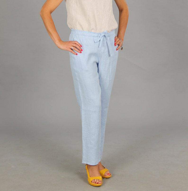 LISA Deep pockets linen pants with elastic waistband Soft washed women linen trousersLinen pants in 55 colorsSlim fit lounge pantsMod
