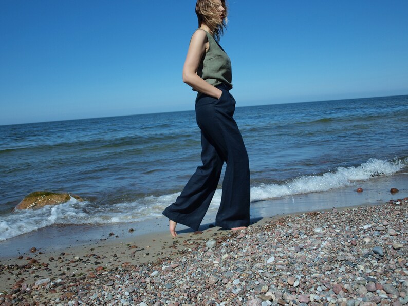 basic linen pants Classic soft linen Women Linen Trousers High Waist Linen Pants dark blue linen pants. Loose linen pants AMANDA