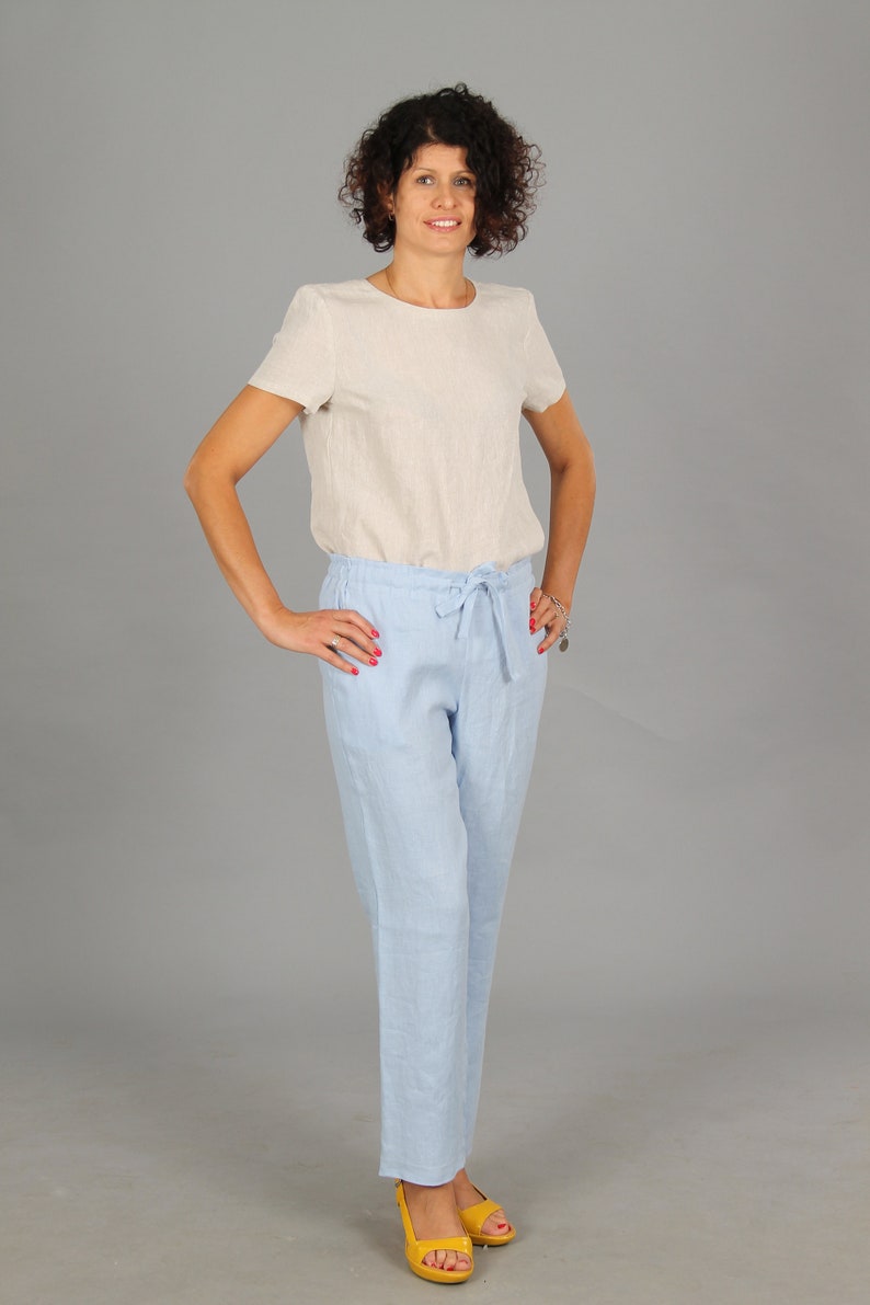 LISA Deep pockets linen pants with elastic waistband Soft washed women linen trousersLinen pants in 55 colorsSlim fit lounge pantsMod