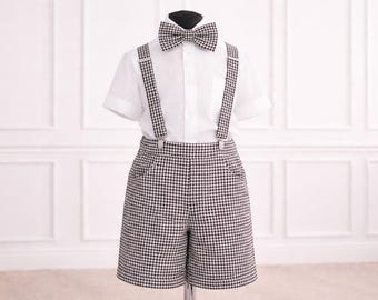 Conjunto de lino 100% para niño: camisa blanca, pantalones cortos con tirantes a cuadros, traje de portador de anillos para boda.