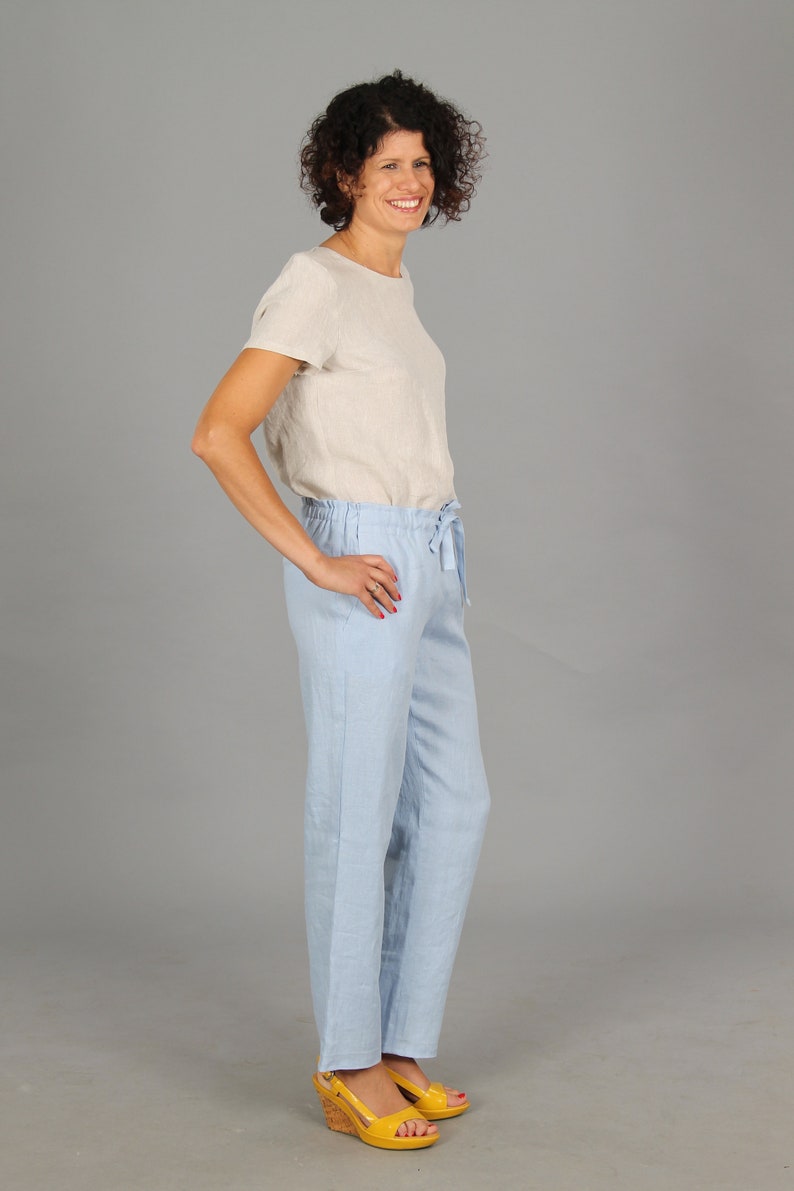 LISA Deep pockets linen pants with elastic waistband Soft washed women linen trousersLinen pants in 55 colorsSlim fit lounge pantsMod