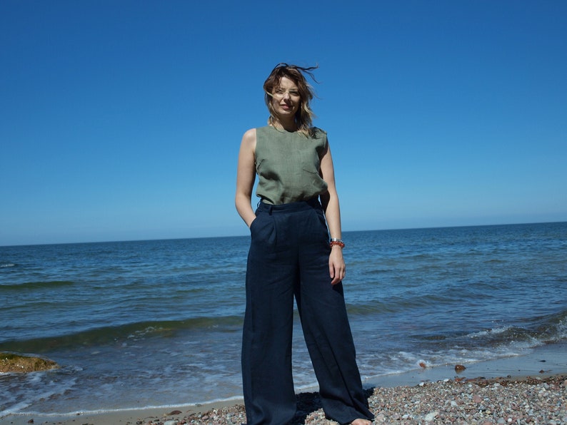 basic linen pants Classic soft linen Women Linen Trousers High Waist Linen Pants dark blue linen pants. Loose linen pants AMANDA